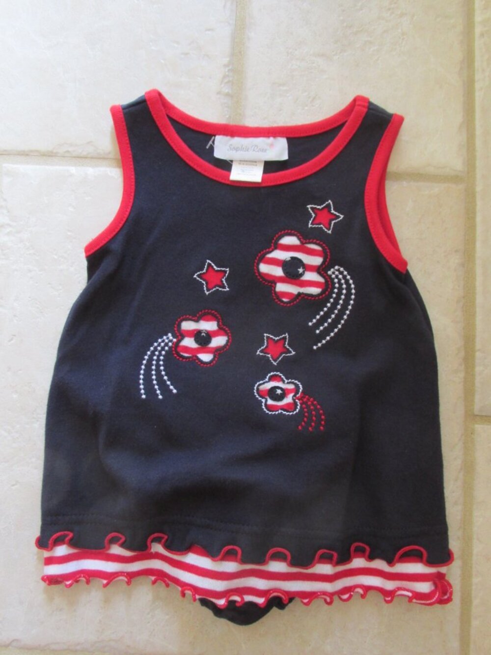 SOPHIE ROSE GIRL'S SIZE 6 - 9 mo. DRESS & PANTIES RED, WHITE, & BLUE JULY 4 PATR